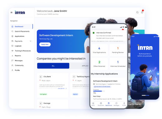 Intrn platform shown on desktop and mobile, including internship listings and applications